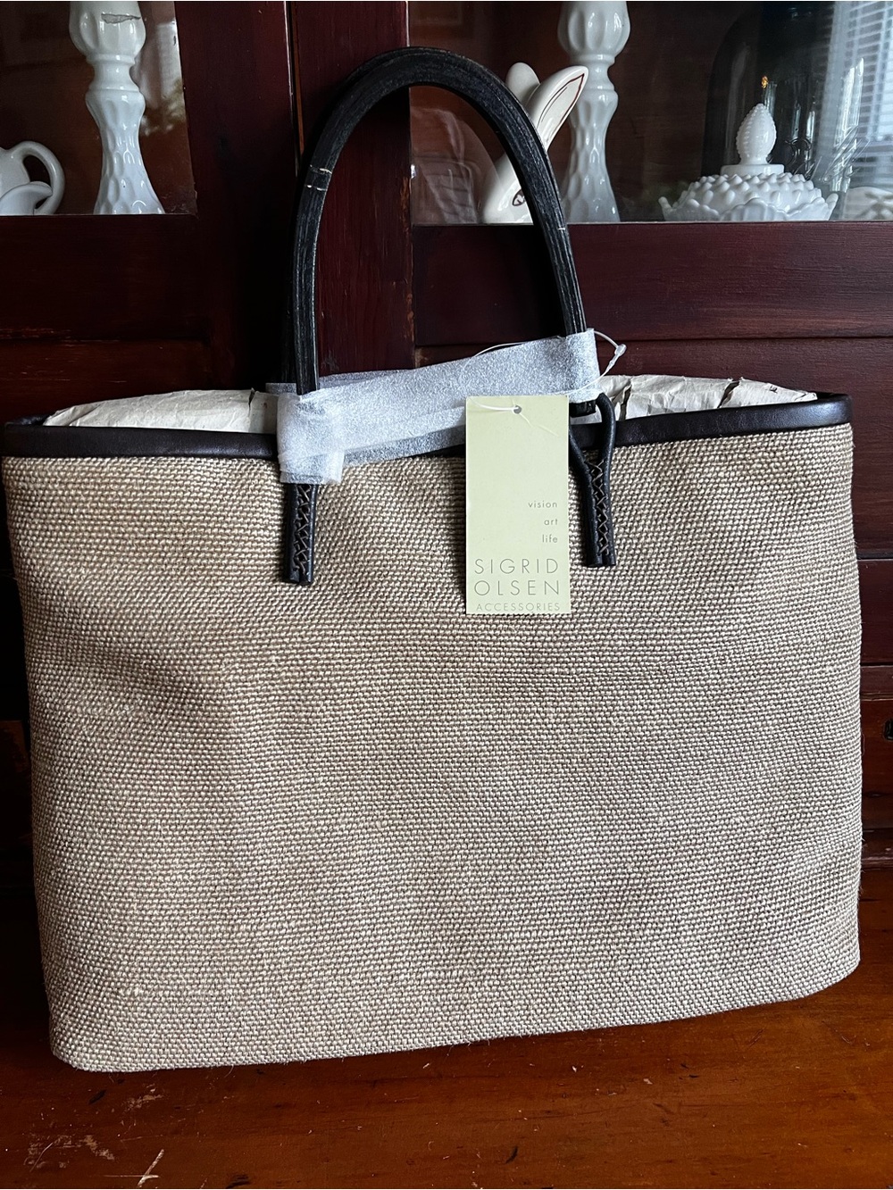 Sigrid Olsen Natural Beige Tote with Black Trim and Handles